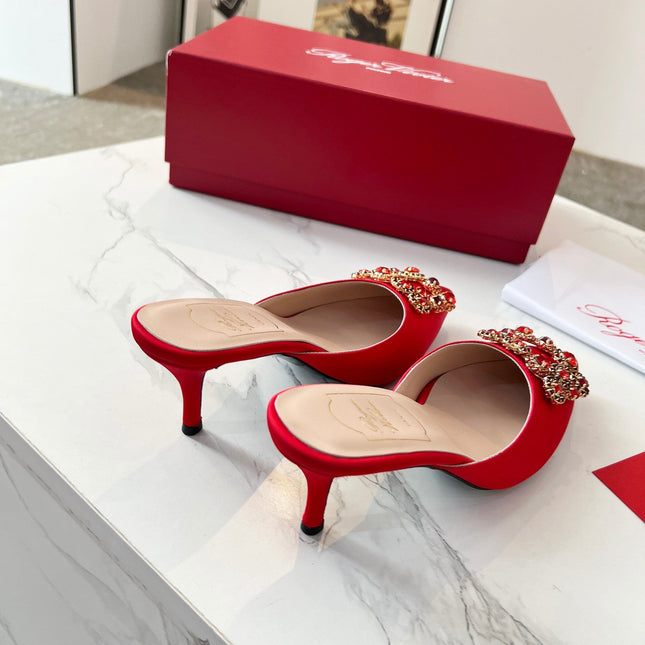 EFFLORESCENCE MULES IN RED SATIN