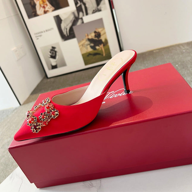 EFFLORESCENCE MULES IN RED SATIN