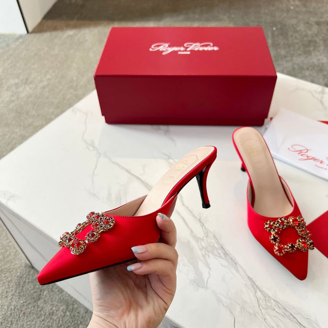 EFFLORESCENCE MULES IN RED SATIN