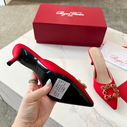 EFFLORESCENCE MULES IN RED SATIN