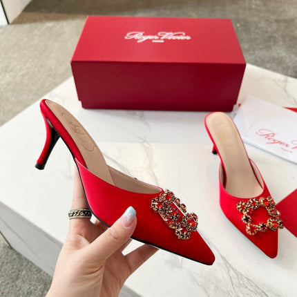 EFFLORESCENCE MULES IN RED SATIN