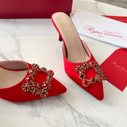 EFFLORESCENCE MULES IN RED SATIN