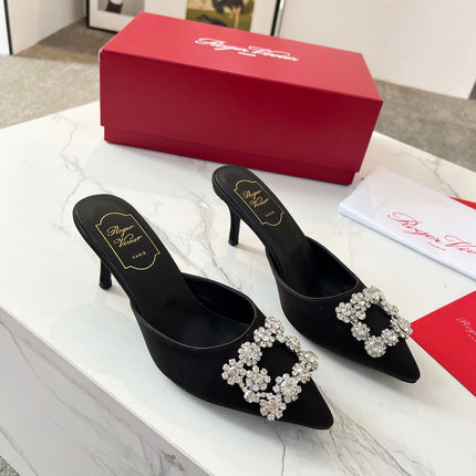 EFFLORESCENCE MULES IN BLACK SATIN