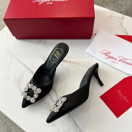 EFFLORESCENCE MULES IN BLACK SATIN