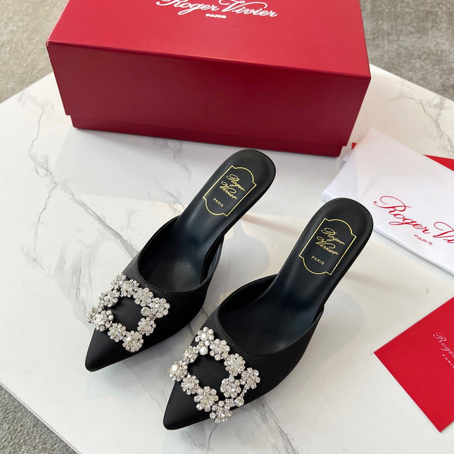 EFFLORESCENCE MULES IN BLACK SATIN