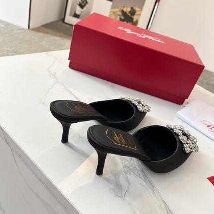 EFFLORESCENCE MULES IN BLACK SATIN