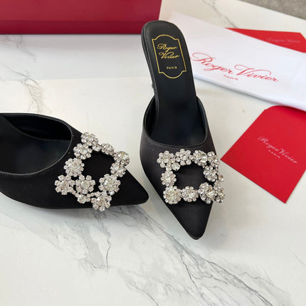 EFFLORESCENCE MULES IN BLACK SATIN