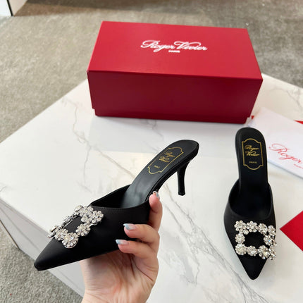 EFFLORESCENCE MULES IN BLACK SATIN