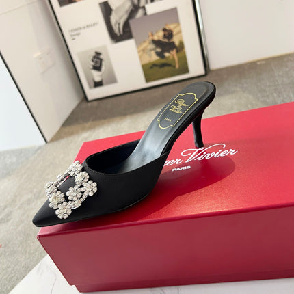 EFFLORESCENCE MULES IN BLACK SATIN