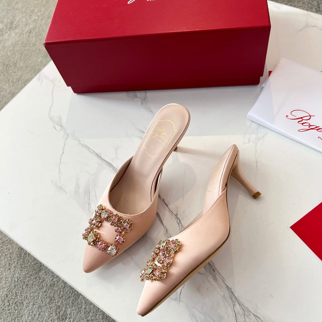 EFFLORESCENCE MULES IN LIGHT FAWN SATIN