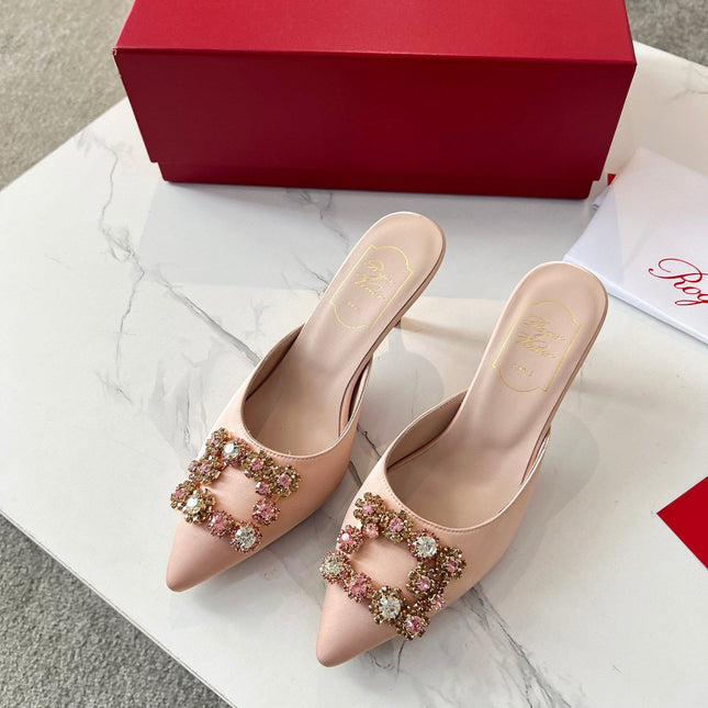 EFFLORESCENCE MULES IN LIGHT FAWN SATIN