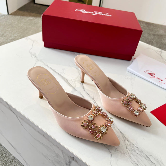 EFFLORESCENCE MULES IN LIGHT FAWN SATIN