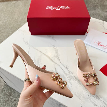 EFFLORESCENCE MULES IN LIGHT FAWN SATIN