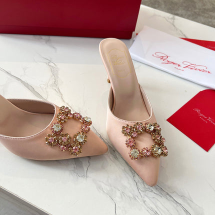 EFFLORESCENCE MULES IN LIGHT FAWN SATIN