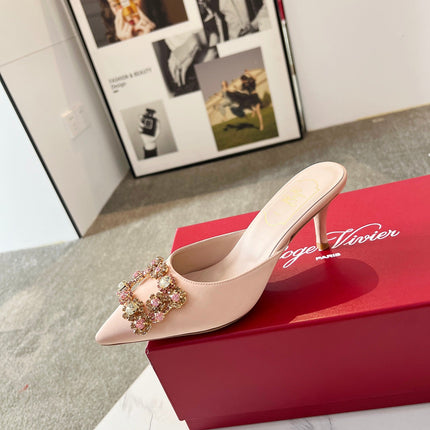 EFFLORESCENCE MULES IN LIGHT FAWN SATIN