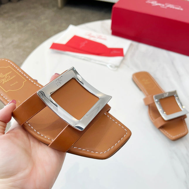 VIV' BY THE SEA MULES IN BRONZE BROWN CALFSKIN SILVER BUCKLE