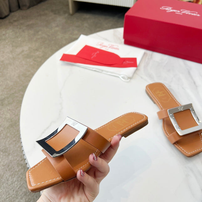 VIV' BY THE SEA MULES IN BRONZE BROWN CALFSKIN SILVER BUCKLE