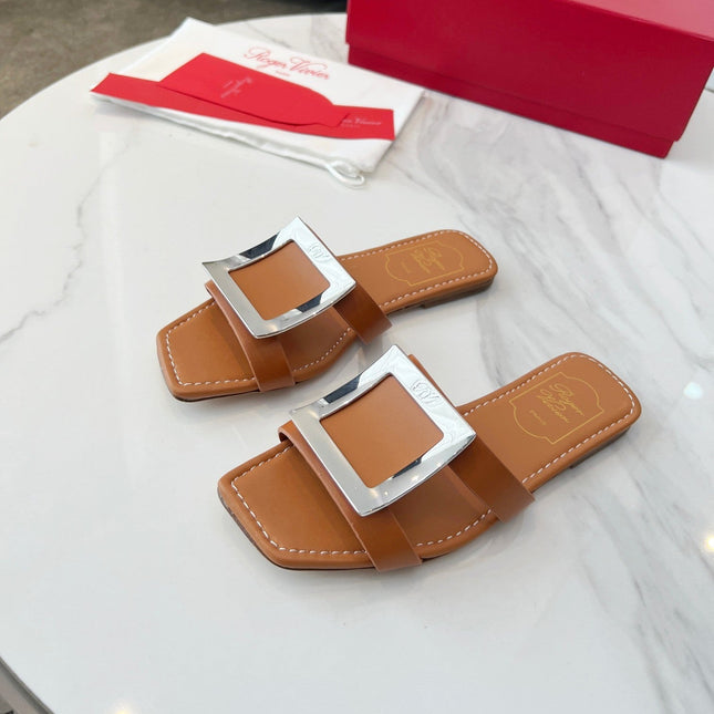 VIV' BY THE SEA MULES IN BRONZE BROWN CALFSKIN SILVER BUCKLE