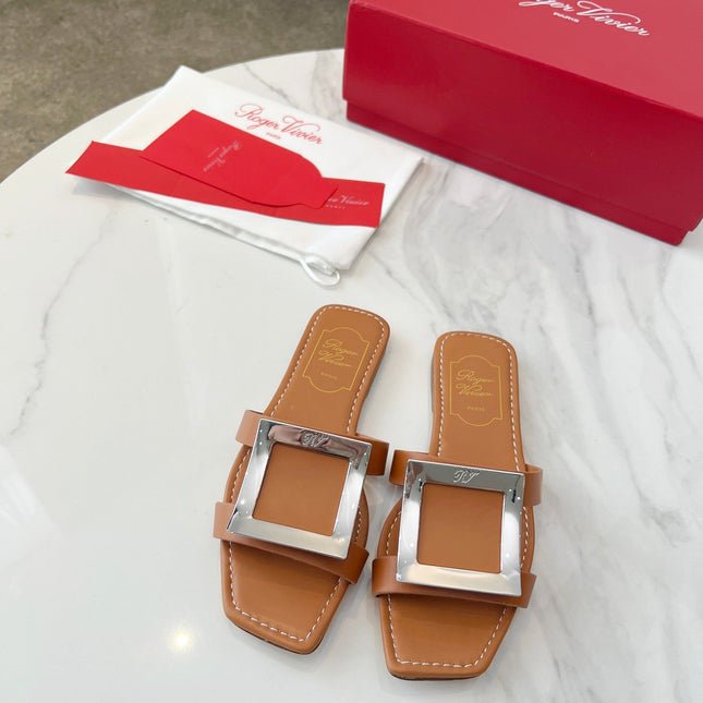 VIV' BY THE SEA MULES IN BRONZE BROWN CALFSKIN SILVER BUCKLE