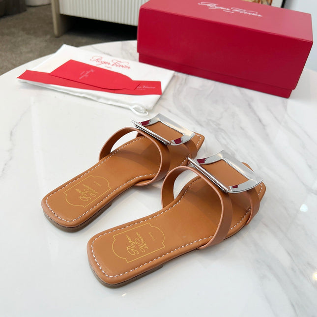 VIV' BY THE SEA MULES IN BRONZE BROWN CALFSKIN SILVER BUCKLE