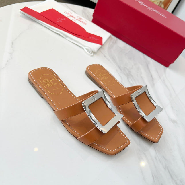 VIV' BY THE SEA MULES IN BRONZE BROWN CALFSKIN SILVER BUCKLE