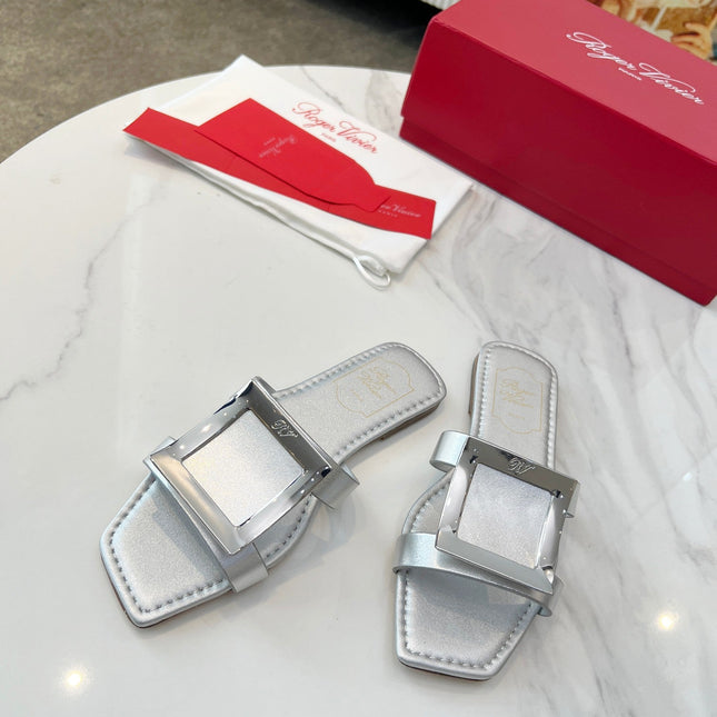 VIV' BY THE SEA MULES IN SILVER CALFSKIN SILVER BUCKLE