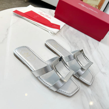 VIV' BY THE SEA MULES IN SILVER CALFSKIN SILVER BUCKLE