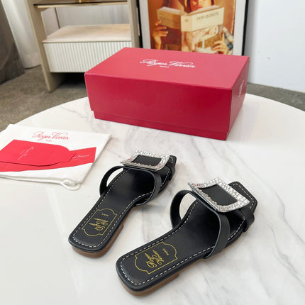 VIV' BY THE SEA MULES IN BLACK CALFSKIN CRYSTAL BUCKLE