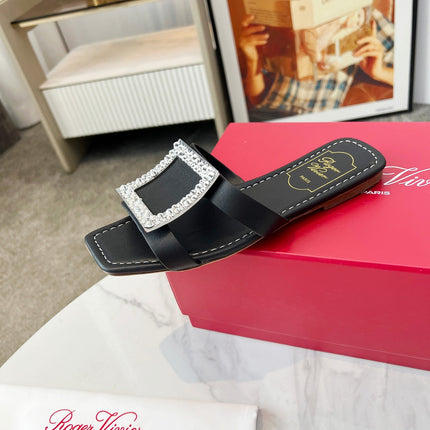 VIV' BY THE SEA MULES IN BLACK CALFSKIN CRYSTAL BUCKLE