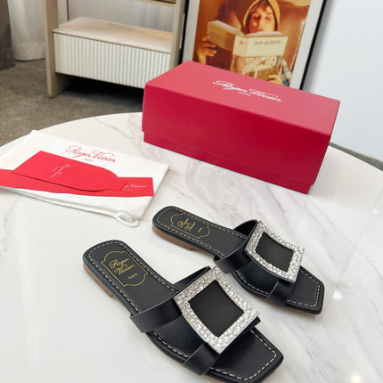 VIV' BY THE SEA MULES IN BLACK CALFSKIN CRYSTAL BUCKLE