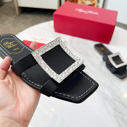 VIV' BY THE SEA MULES IN BLACK CALFSKIN CRYSTAL BUCKLE