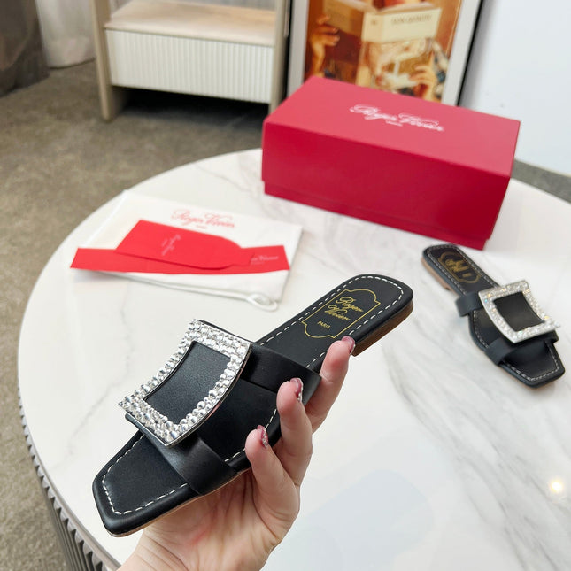 VIV' BY THE SEA MULES IN BLACK CALFSKIN CRYSTAL BUCKLE