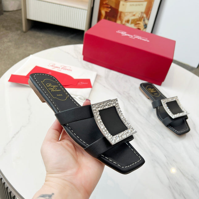 VIV' BY THE SEA MULES IN BLACK CALFSKIN CRYSTAL BUCKLE