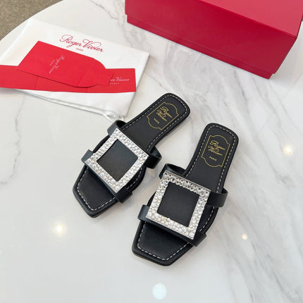 VIV' BY THE SEA MULES IN BLACK CALFSKIN CRYSTAL BUCKLE