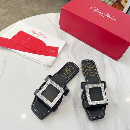 VIV' BY THE SEA MULES IN BLACK CALFSKIN CRYSTAL BUCKLE