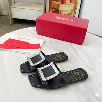 VIV' BY THE SEA MULES IN BLACK CALFSKIN CRYSTAL BUCKLE