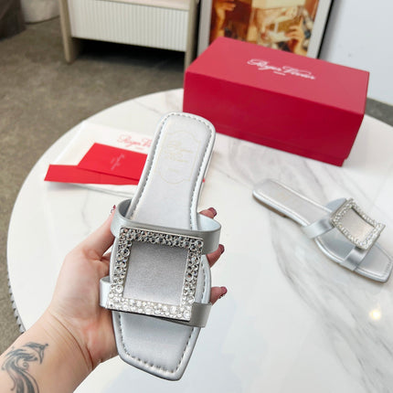 VIV' BY THE SEA MULES IN SILVER CALFSKIN CRYSTAL BUCKLE