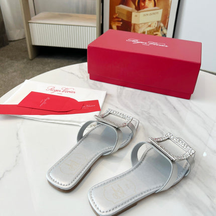 VIV' BY THE SEA MULES IN SILVER CALFSKIN CRYSTAL BUCKLE