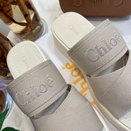 CHLOÉ WOODY WEDGE SANDALS IN DOVE GREY CANVAS WITH WHITE RUBBER SOLE