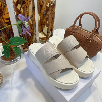 CHLOÉ WOODY WEDGE SANDALS IN DOVE GREY CANVAS WITH WHITE RUBBER SOLE