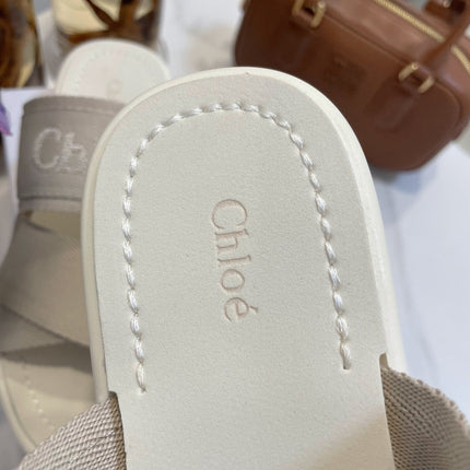 CHLOÉ WOODY WEDGE SANDALS IN DOVE GREY CANVAS WITH WHITE RUBBER SOLE