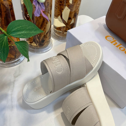 CHLOÉ WOODY WEDGE SANDALS IN DOVE GREY CANVAS WITH WHITE RUBBER SOLE