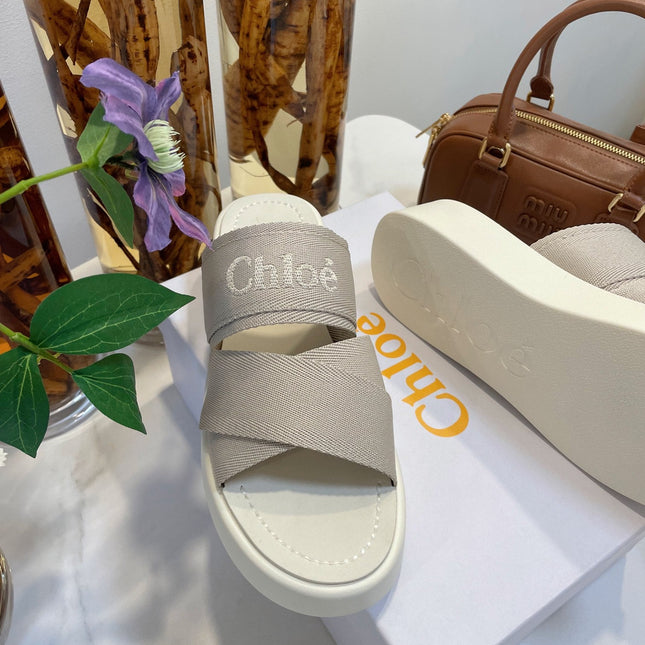 WOODY WEDGE SANDALS IN DOVE GREY CANVAS WITH WHITE RUBBER SOLE