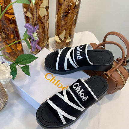 CHLOÉ WOODY WEDGE SANDALS IN BLACK MIX WHITE CANVAS WITH RUBBER SOLE