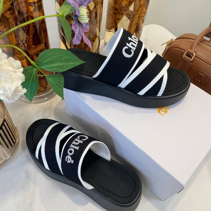 CHLOÉ WOODY WEDGE SANDALS IN BLACK MIX WHITE CANVAS WITH RUBBER SOLE