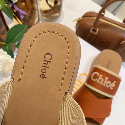 CHLOÉ WOODY WEDGE SANDALS IN BRONZE BROWN CANVAS WITH CIDER BROWN RUBBER SOLE