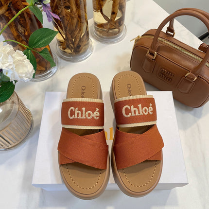 CHLOÉ WOODY WEDGE SANDALS IN BRONZE BROWN CANVAS WITH CIDER BROWN RUBBER SOLE