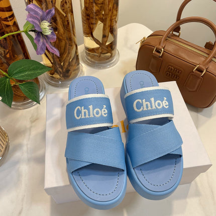 CHLOÉ WOODY WEDGE SANDALS IN CERULEAN BLUE CANVAS WITH RUBBER SOLE