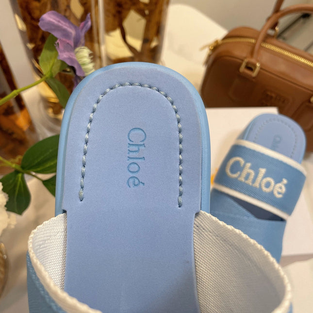 CHLOÉ WOODY WEDGE SANDALS IN CERULEAN BLUE CANVAS WITH RUBBER SOLE