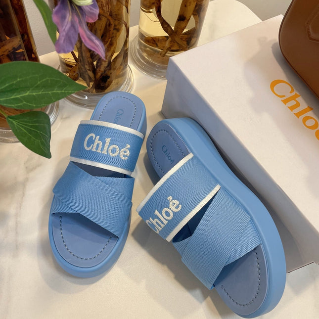 CHLOÉ WOODY WEDGE SANDALS IN CERULEAN BLUE CANVAS WITH RUBBER SOLE